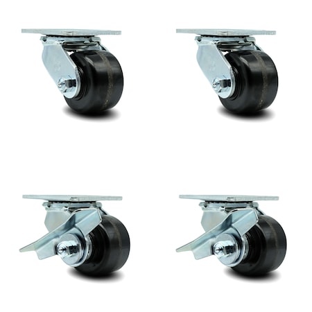 Service Caster 3.25 Inch Phenolic Swivel Caster Set with Roller Bearing 2 Brakes SCC-30CS3420-PHR-2-SLB-2